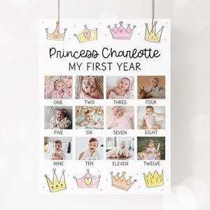 Pôster de fotos de aniversário de princesa, placa de foto de 1º aniversário de menina em comemoração real, quadro de fotos de marcos de Era Uma Vez, modelo editável 49PR