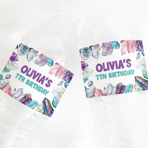 Etiqueta para botella de agua con diseño de geología para niña, decoración para fiesta de cumpleaños con rocas, etiqueta para botella de agua con gemas de cristal de geoda imprimible, plantilla editable 21GE