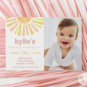 First Trip Around the Sun Birthday Photo Invitation Sunshine Girl First Birthday Picture Invite Sun Photo Invitation Editable Template 54SN