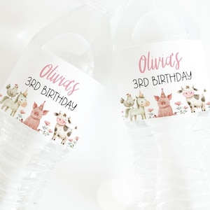 Étiquette de bouteille d'eau de ferme, décoration de fête d'anniversaire fille de basse-cour, étiquette de bouteille d'eau animaux de grange imprimable modèle modifiable 79FM