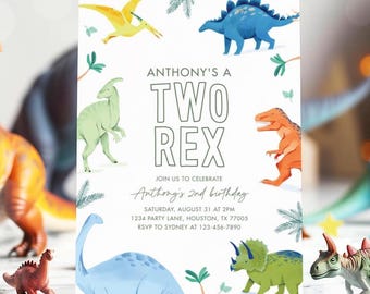 May include: A Two Rex birthday party invitation with dinosaur illustrations. The invitation features the text "Anthony's a Two Rex" and event details. Colorful dinosaur toys surround the invitation, creating a playful theme.