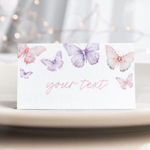 Etiquetas de comida con mariposas, tarjeta de lugar con mariposas, tarjeta de buffet, tarjeta de tienda, plantilla editable 21BF