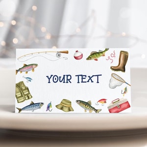Etiquetas de comida para pesca editables, tarjeta de carpa para bufé de pescado, tarjetas de lugar para fiesta temática Ofishally O Fishally, plantilla editable 83FI
