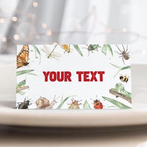 Étiquettes de nourriture insectes, carte buffet d'anniversaire insectes, carte tente fête nature, marque-places thème extérieur modèle modifiable 17BU
