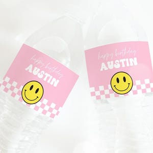 Smiley Face Water Bottle Label, One Happy Girl Birthday Party Decor, Printable Checkered Happy Babe Bottle Label Editable Template 58SM