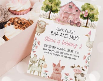 Baa Oink Moo I'm Two Invitation, Farm Girl 2nd Birthday Party, Barnyard Pink Barn Animals Invite Editable Template 79FM
