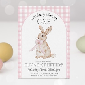 Some Bunny Invitation, Easter Bunny Girl Birthday Party Invite, Gingham Pink Bow Rabbit Spring Birthday Editable Template 30BN