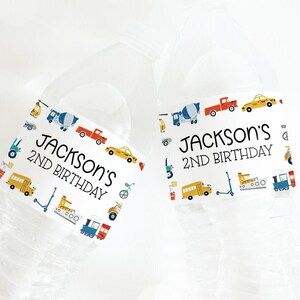 Transport waterflesetiket, Things That Go verjaardagsfeestje decor, afdrukbare auto's vrachtwagens voertuigen flessenetiket bewerkbare sjabloon 12TR