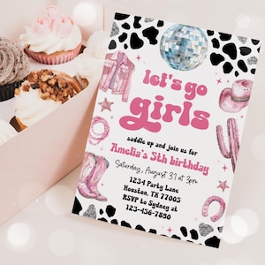 Let's Go Girls Einladung, Space Cowgirl Geburtstagsfeier, Disco Cowgirl einladen, Western Rodeo Girl Geburtstag bearbeitbare Vorlage 20SC