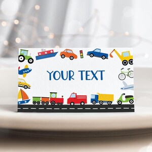 Bewerkbare transport Voedseletiketten, auto's Vrachtwagens Voertuigen Buffettentkaart, Things That Go Thema Feestplaatskaarten bewerkbare sjabloon 22TR