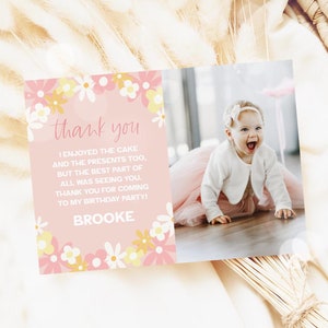 Daisy Thank You Card, Flower Girl Birthday Thank You, Daisies Floral Photo Thank You Card Editable Template 62DA