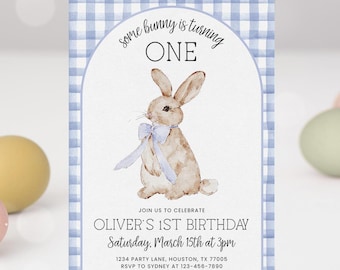 Some Bunny Invitation, Easter Bunny Boy Birthday Party Invite, Gingham Blue Bow Rabbit Spring Birthday Editable Template 31BN