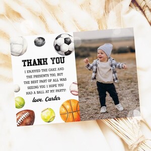 Carte de remerciement sport, photo d'anniversaire thème sport Merci, carte de remerciement préremplie préremplie année recrue 1er anniversaire modifiable 14SP