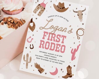 Invitación para el primer cumpleaños de una vaquera, plantilla editable para el primer cumpleaños de mi primera vaquera. 88RO