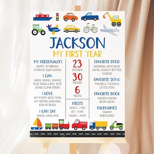 Mijlpaal transportbord, Things That Go 1e verjaardag mijlpaalposter, auto vrachtwagen voertuig feestbord, afdrukbare bewerkbare sjabloon 22TR