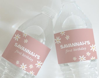 Editable Daisy Water Bottle Label, Retro Daisy Girl Birthday Water Bottle Label, Modern Flower Water Bottle Label 1028