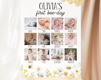 First Bee Day meisje verjaardag fotoposter, Beeday Girl 1e verjaardag fotobord, Bee thema mijlpaal foto bord bewerkbare sjabloon 78BE