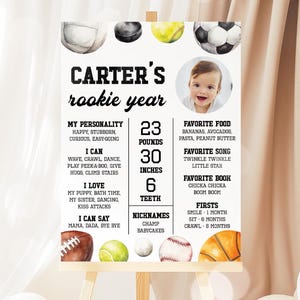 Póster de hito deportivo para el primer cumpleaños con foto, letrero de estadísticas para el primer cumpleaños de novato, plantilla editable para tablero de hitos deportivos 14SP