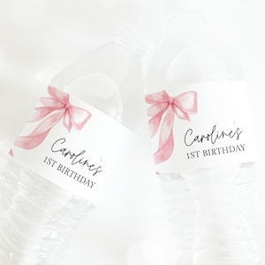Pink Bow Water Bottle Label Girl Birthday Party Decor, Printable Preppy Coquette Water Bottle Label Editable Template 95BW