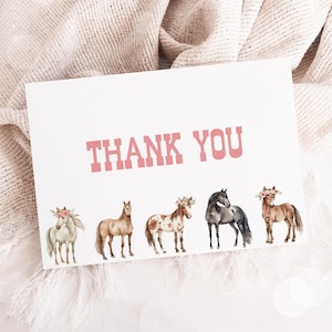 Carte de remerciement cheval, remerciement d'anniversaire fille poney, carte de remerciement plate cow-girl western modèle modifiable 25HR