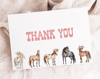 Horse Thank You Card, Pony Girl Birthday Thank You, Western Cowgirl Flat Thank You Card Editable Template 25HR