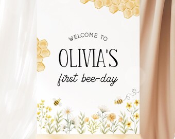 Bee Welcome Sign, Bee Day Girl Birthday Sign, Beeday Bee Theme Party Decoration, Printable Bee Sign Editable Template 78BE