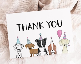 Dog Thank You Card, Puppy Party Girl Birthday Thank You, Pawty Dog Theme Photo Thank You Card Editable Template 43DG