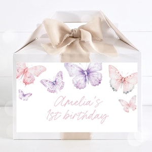 Etiqueta para caja de regalo de cumpleaños de niña mariposa, etiqueta para caja a dos aguas con mariposas, plantilla editable 21BF