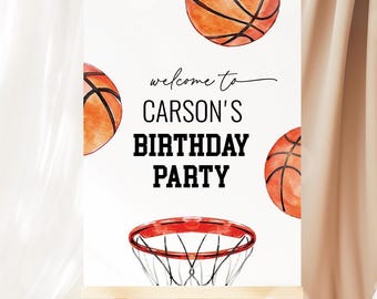 Välkomstskylt för basketboll, födelsedagsskylt för nybörjare, basketfestdekorationer utskrivbar skylt redigerbar mall 26BA