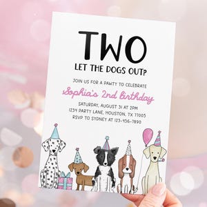 Dog 2nd Birthday Invitation, Two Let the Dogs Out, Puppy Party Invite, Dog Theme Girl Birthday Party Editable Template 43DG