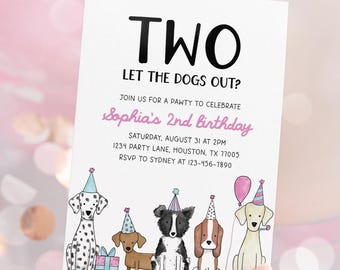 Inbjudan till hundens 2-årsdag, Två släpper ut hundarna, Valpfestinbjudan, Hundtema Flicka Födelsedagsfest Redigerbar mall 43DG