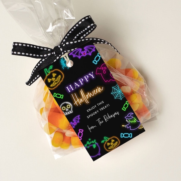 Editable Neon Halloween Gift Tag Happy Halloween Party Favor Tag Neon Halloween Costume Party Goodie Bag Label Template 2012