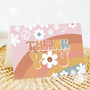 Carte de remerciement groovy pliée, carte de remerciement d'anniversaire groovy, carte de remerciement d'anniversaire une fille groovy Flower Power bohème modèle 39GV