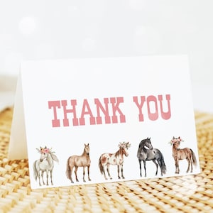 Pferd Dankeskarte, Pony Mädchen Geburtstag Danke, Western Cowgirl Gefaltet Danke Karte Bearbeitbare Vorlage 25HR
