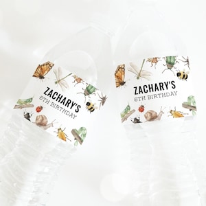 Könnte beinhalten: Zwei transparente Plastikwasserflaschen mit Etiketten mit der Aufschrift "ZACHARY'S 6TH BIRTHDAY". Die Etiketten zeigen Aquarellillustrationen von Insekten, darunter Schmetterlinge, Libellen und Bienen. Die Flaschen sind mit klarer Flüssigkeit gefüllt.