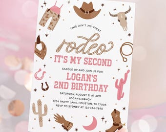 Second Rodeo Invitation, Cowgirl 2nd Birthday, Western This Ain't My First Rodeo It's My Second Girl 2nd Birthday Editable Template 88RO