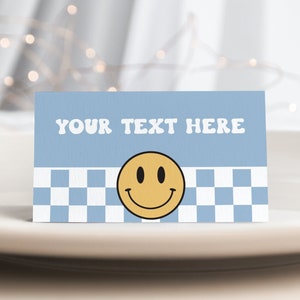 Rótulo de comida Retro One Happy Dude, cartão de barraca de comida com rosto sorridente azul, modelo de cartão de lugar com rosto sorridente de menino xadrez, download digital SMI4