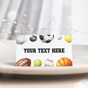 Bearbeitbare Sport Lebensmittel Etiketten Sport Geburtstag Buffet Zelt Karte Rookie Jahr Sport Thema Party Tischkarten Bearbeitbare Vorlage 14SP