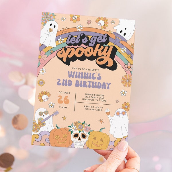 Retro Halloween Birthday Invitation, Groovy Halloween Invite, Let's Get Spooky Rainbow Hippie Halloween Birthday Party Invitation WINNIE