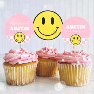Smiley Face Cupcake Toppers, One Happy Girl Cake Topper, Checkered Happy Babe Birthday Cupcake Topper Decorations Printable 58SM