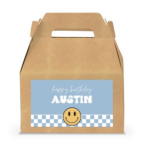 Bearbeitbares Smiley Face Boy Geburtstag Gable Box Etikett, ein Happy Dude Favor Box Etikett, blau kariertes Smiley Face Boy Party Favor Box SMI4