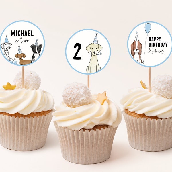 Editable Dog Cupcake Toppers, Puppy Party Dessert Toppers, Dog Theme Birthday Cupcake Topper Decorations 1015