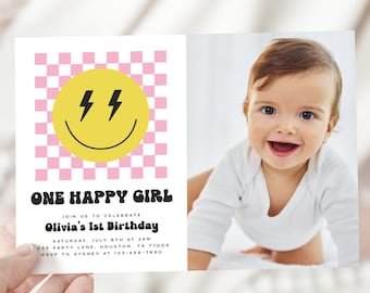 Editable One Happy Girl Birthday Photo Invitation Smiley Face One Happy Babe First Birthday Picture Invite Digital Download Template 1025