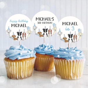 Dog Cupcake Toppers, Puppy Party Cake Topper, Pawty Dog Theme Boy Birthday Cupcake Topper Decorations Printable 42DG