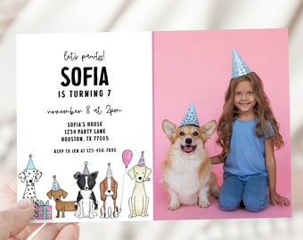 Editable Dog Birthday Photo Invitation Puppy Party Let’s Pawty Dog Theme Girl Picture Invite Digital Download Template 1016