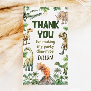 Dinosaur Favor Tag, Dino Birthday Thank You Tags, T-Rex Jurassic Gift Tag Goodie Bag Label 18DN