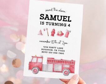 Editable Firetruck Birthday Invitation Fire Truck Fireman Fire Engine Firefighter Invite Digital Download Template FT1