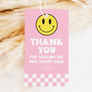 Smiley Face Favor Tag, One Happy Girl Birthday Thank You Tags, Happy Babe Gift Tag, Retro Checkered Smile Face Goodie Bag Label 58SM