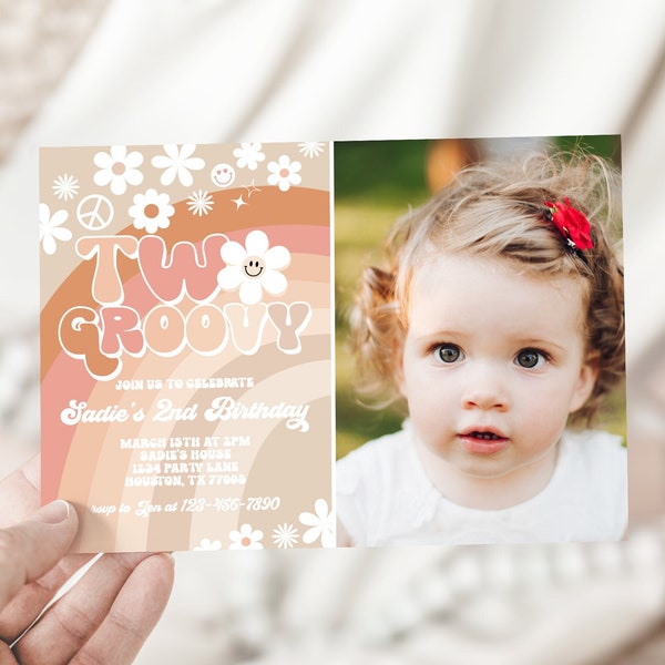 Editable Boho Two Groovy 2nd Birthday Photo Invitation Neutral Rainbow Hippie 70s Theme Girl Birthday Picture Invite Template GRV2