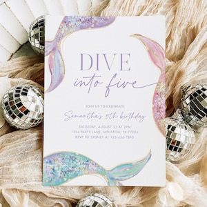 Dive into Five Invitation, Mermaid 5th Birthday Party, Dive into 5, Glitter Sparkle Mermaid Tail Invite Editable Template 23MR